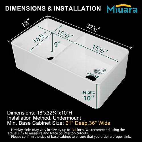 Miniatura 6 de Miuara Fregadero de cocina estilo casa de campo con cuenco doble de 33 pulgadas, fregadero de cocina frontal con delantal blanco, reversible, 33 x