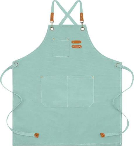 Miniatura 8 de Delantal para hombres y mujeres con bolsillos, lona de algodón, espalda cruzada, resistente, ajustable, delantal de trabajo Verde