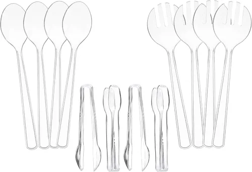 Juego de 12 utensilios de plástico desechables resistentes para servir. Cucharas y tenedores de 10 pulgadas y pinzas de 6-1/2 pulgadas