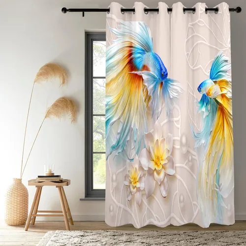 Miniatura 16 de Renaiss Cortinas de carpa para ventana, 29 pulgadas de ancho x 45 pulgadas de alto, pintura de tinta oriental, hojas de loto, lirio de agua negro