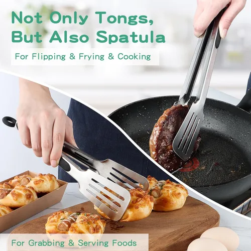 Miniatura 3 de Pinzas de metal para cocinar, juego de 2 pinzas de espátula de acero inoxidable para asar a la parrilla, cocinar y voltear, agarre fuerte