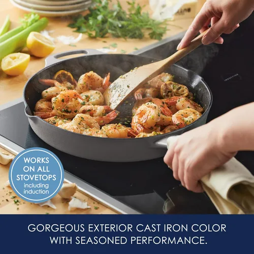 Miniatura 3 de Rachael Ray NITRO Sartén de Hierro Fundido con Mango Auxiliar y Picos Vertedores, 12 Pulgadas, Gris