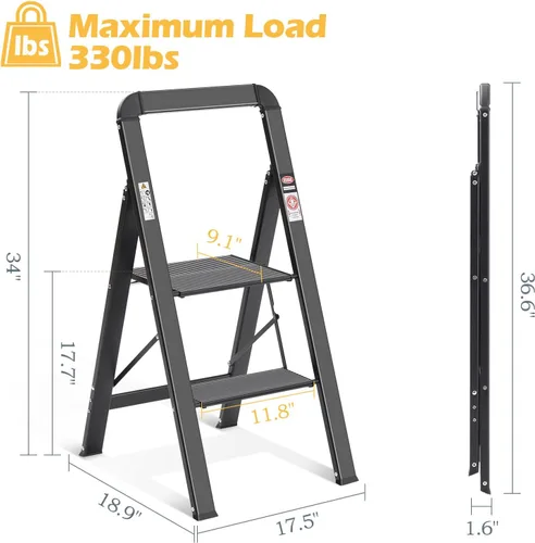 Miniatura 7 de KINGRACK Escalera de escalón, 2 escalones, escalera plegable con pasamanos, escalera antideslizante de seguridad plegable para el hogar, taburete
