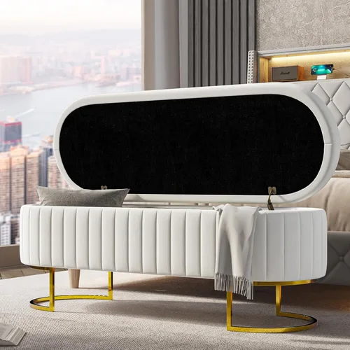 Miniatura 22 de EcoHarbor Living Banco de almacenamiento de 50.5" para pasillo, otomano tapizado con extremo de cama de terciopelo con patas doradas, reposapiés