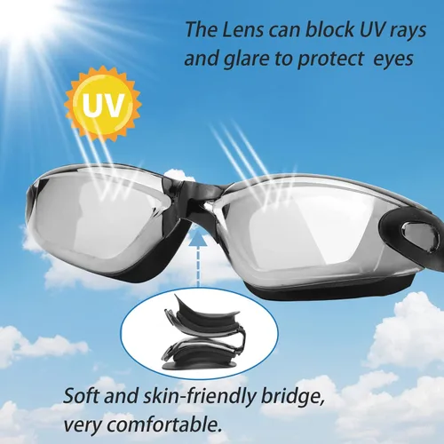 Miniatura 6 de Gafas de natación miopes -2.0D a -8.0D, gafas de natación antiniebla miopes con lente transparente, protección UV sin fugas Plateado