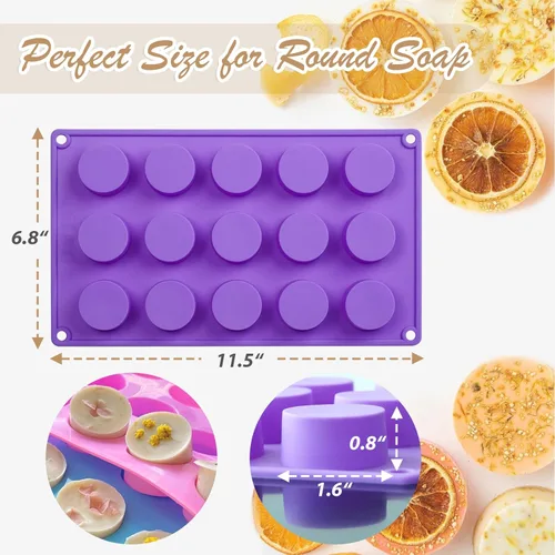 Miniatura 4 de Moldes de jabón, cilindro redondo de silicona, 3 paquetes, 15 cavidades para aperitivos, chocolate, dulces, galletas, cera, pequeña cera, derretida