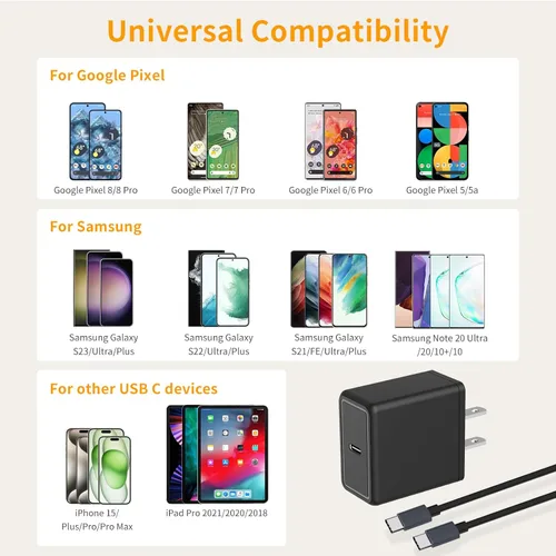 Miniatura 3 de Bloque de carga rápida USB C de 30 W para Google Pixel 10 Pro XL/10/9 Pro /9/8 Pro/8/7 Pro/7/6a/6 Pro/6/5a/5/4, paquete de 2 adaptadores de Negro