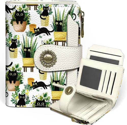 Miniatura 30 de Icycay Cartera pequeña para mujer, plegable con bloqueo RFID, soporte para tarjetas de crédito, bolsillo con cremallera para monedas, piel