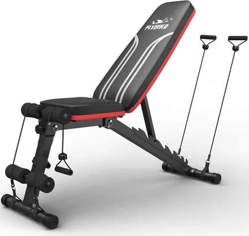 FLYBIRD Banco de pesas plegable con bandas de resistencia, 8 respaldos de ajuste rápido FID para entrenamiento de cuerpo completo en casa, fácil de