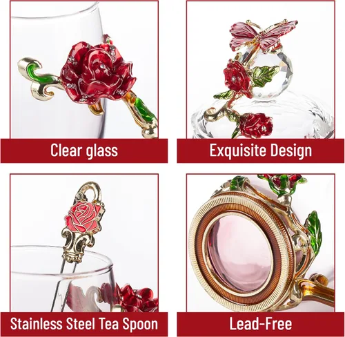 Miniatura 4 de BTAT - Juego de tazas de té de vidrio floral con cuchara y tapa, paquete de 2, 11 onzas, azul y rojo, diseño de mariposa y flor con caja de regalo