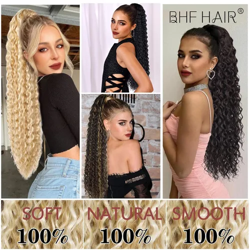 Miniatura 5 de Extensión de cola de caballo rizada ondulada de 26 pulgadas, color rubio ceniza con rubio decolorado, extensiones de cabello sintético con clip