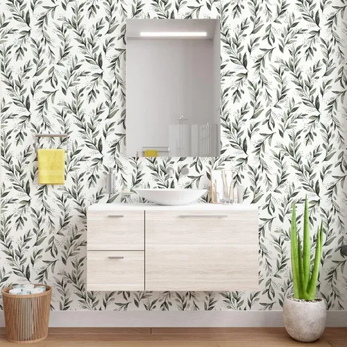 Miniatura 8 de Erfoni Papel Tapiz Verde y Blanco Despegar y Pegar Papel Tapiz de Contacto Floral para Dormitorio 17.7 pulgadas x 78.7 pulgadas Papel Tapiz