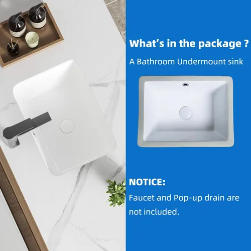 Miniatura 7 de Lavabo de Tocador de Baño de 16 Pulgadas, Lavabo Pequeño de Montaje Inferior para Baño, Lavabo Rectangular de Porcelana Blanca para Gabinete 15.75