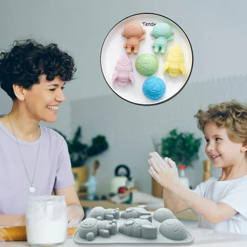 Miniatura 5 de Paquete de 2 moldes de silicona de astronauta con 6 cavidades 3D con temática espacial de cohetes para niños, bandeja de molde para hornear tierra