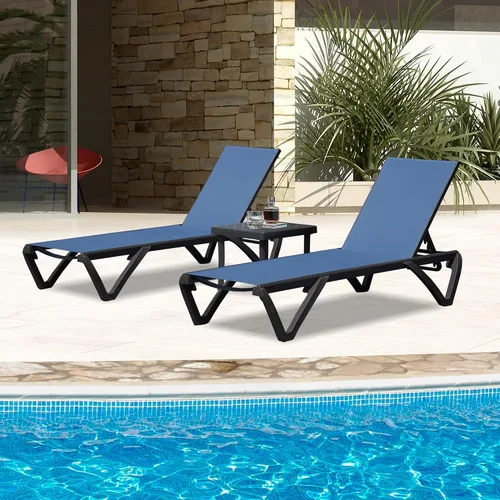 Miniatura 14 de Domi - Juego de 3 tumbonas para patio, sillas de aluminio de polipropileno para exteriores con 5 posiciones ajustables, mesa auxiliar para playa