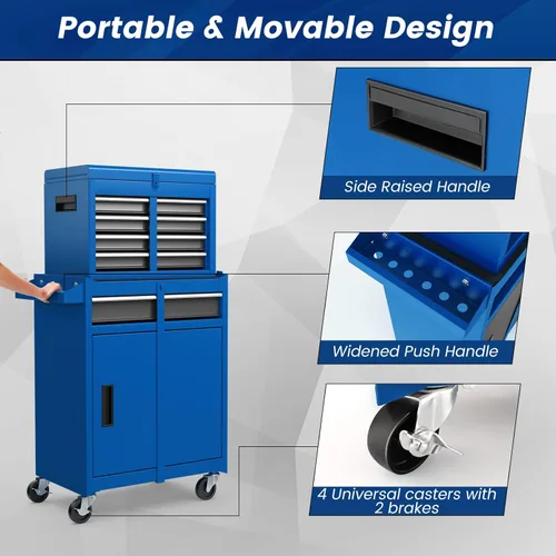 Miniatura 6 de ERGOMASTER Caja de herramientas con ruedas resistente con gabinete de 5 cajones para armario con cerradura y extraíble para garaje y taller - azul