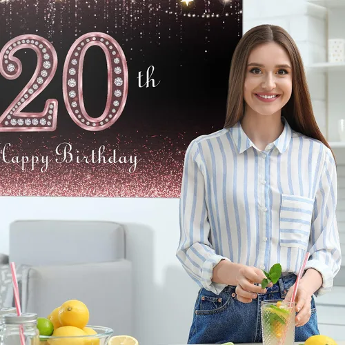 Miniatura 6 de HAMIGAR Fondo de pancarta de feliz cumpleaños 20 de 6 x 4 pies, decoraciones de cumpleaños de 20 años, suministros de fiesta para mujeres, oro rosa