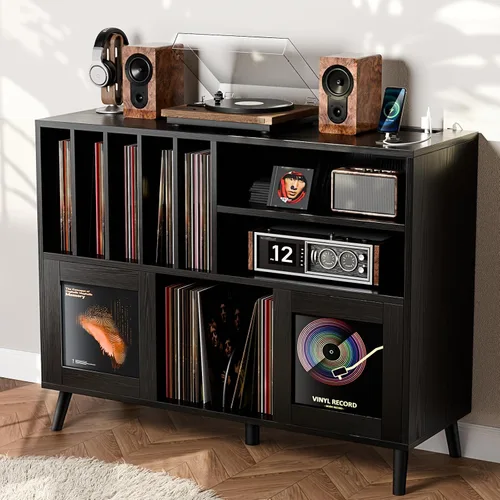 Miniatura 8 de Soporte XL para tocadiscos con puertas corredizas, gabinete de almacenamiento de discos de vinilo con estación de carga y puertos USB, mesa moderna
