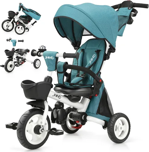 Miniatura 13 de JMMD Cochecito de triciclo 8 en 1 con asa de empuje, triciclo plegable con asiento giratorio de 360°, respaldo reclinable, ruedas todo terreno, Azul