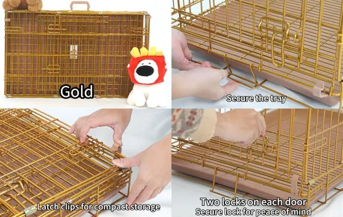 Miniatura 9 de HOMEY PET Jaula de Cobre Dorado para Perros de 91 cm, Jaula Portátil Plegable de Alambre de Metal para Perros, con Parrilla de Piso Extraíble