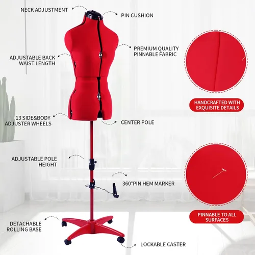 Miniatura 5 de Maniquí ajustable para vestidos de costura, para mujer, talla 6-14, con forma de cuerpo para clavar alfileres con 13 diales, base rodante Rojo