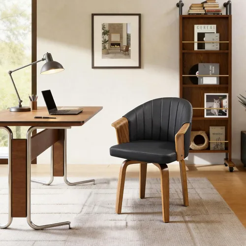Art Leon Silla de escritorio sin ruedas, silla giratoria moderna de mediados de siglo, silla de escritorio de piel sintética para oficina en casa