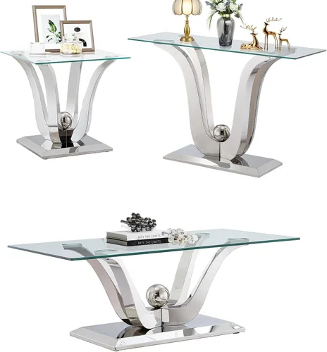 Miniatura 32 de SSLine Mesa auxiliar de cristal de lujo para sala de estar, mesa auxiliar moderna dorada con base de pedestal de acero inoxidable en forma de flor
