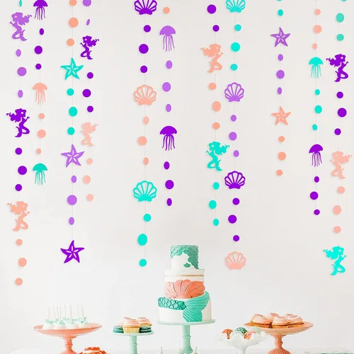 Decoraciones de fiesta de sirena de 52 pies, guirnalda púrpura, verde azulado y coral con medusas, conchas marinas, estrellas de mar, perlas,