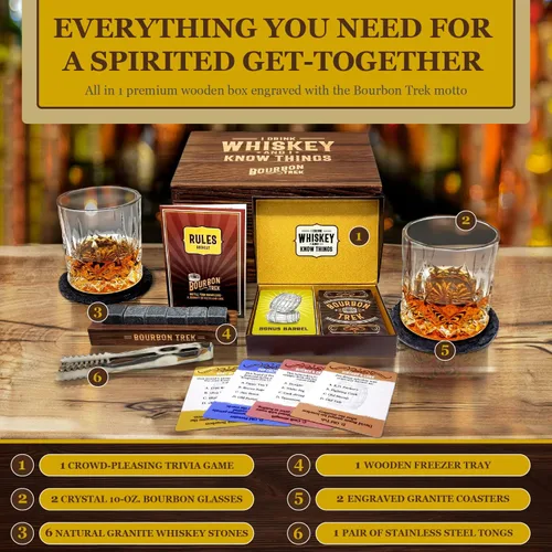Miniatura 5 de Juego en caja de regalos de whisky para hombres, incluye populares trivias de whisky, 2 vasos de bourbon, 6 piedras, 2 posavasos de pizarra, 1