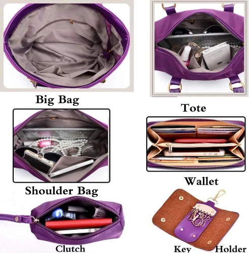 Miniatura 5 de Juego de 6 bolsas con asa superior de nailon para mujer, incluye bolsa grande, bolsa mediana, bolsa de hombro, cartera, bolsa de mano y llavero