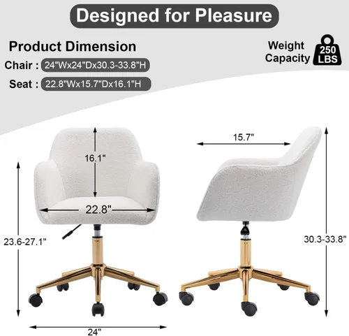 Miniatura 3 de Silla de tocador de piel sintética para oficina en casa con respaldo, altura de maquillaje rodante, color blanco con ruedas, escritorio mullido