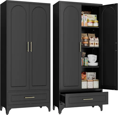 SteeLoong - Gabinete de almacenamiento de metal con cajones, gabinetes de despensa negros de 75 pulgadas para almacenamiento de cocina con 3