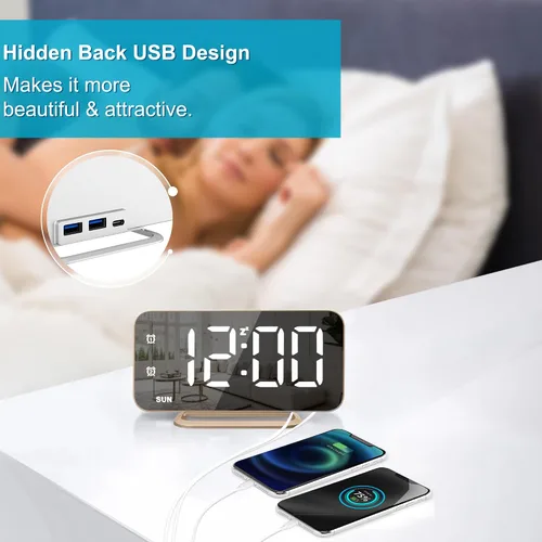 Miniatura 5 de Reloj de alarma digital LED delgado, superficie de espejo para maquillaje, con atenuación, pantalla grande, configuración fácil, puertos USB