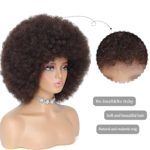 Miniatura 3 de Peluca rizada afro de los años 70 para mujer, marrón oscuro, fibras sintéticas, suave, flexible, sin desprendimiento, correas ajustables Marrón/Negro