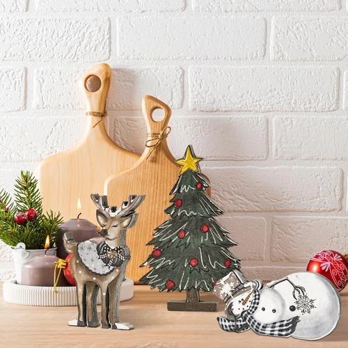 Miniatura 6 de Smile 3 Piezas Bloques de Madera Letreros de Navidad, Reno Árbol Muñeco de Nieve Decoraciones de Bandeja Escalonada, para Mesa y Estante del Hogar.