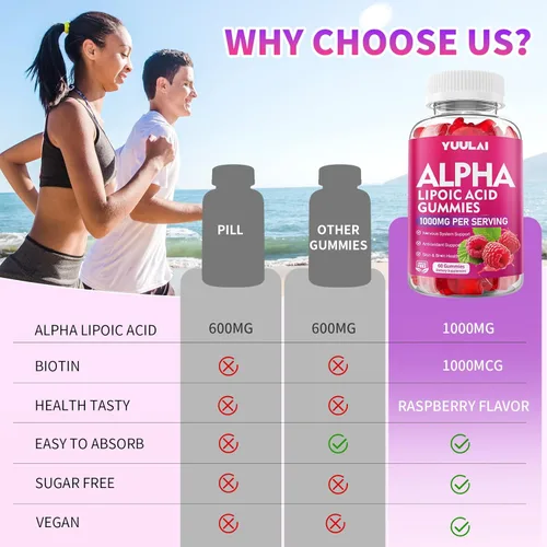 Miniatura 5 de Gomitas de ácido alfa lipoico de 1000 mg con biotina, suplemento de ALA masticable de alta absorción para antioxidantes, salud cerebral y apoyo