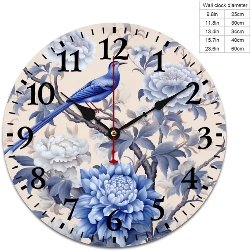 Miniatura 2 de Chinoiserie - Reloj de pared de madera moderno con patrón floral azul y blanco, flores y pájaros, funciona con pilas, con movimiento de cuarzo, azul