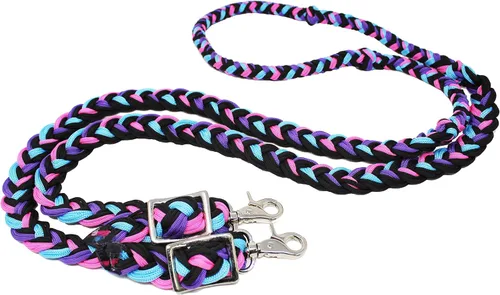 CHALLENGER Pro Rider Hand Braided Multicolored Nylon Horse Barrel Reins w/Snaps 607152