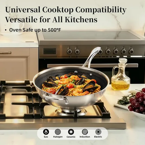 Miniatura 7 de DELUXE Wok de cerámica híbrida antiadherente de 12 pulgadas para cocina diaria en casa, resistente a los arañazos, mango que se mantiene fresco