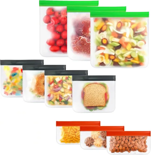 Miniatura 10 de Paquete de 10 bolsas extra gruesas de silicona reutilizables para almacenamiento de alimentos, 3 pequeñas, 4 medianas, 3 bolsas grandes con cierre