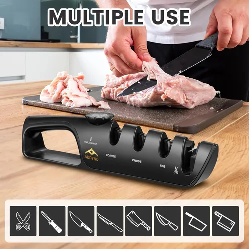 Miniatura 5 de Afilador de cuchillos 4 en 1 con guía de ángulo, borde ajustable, 3 etapas: grueso–afilar–fino + ranura para tijeras, base antideslizante y mango