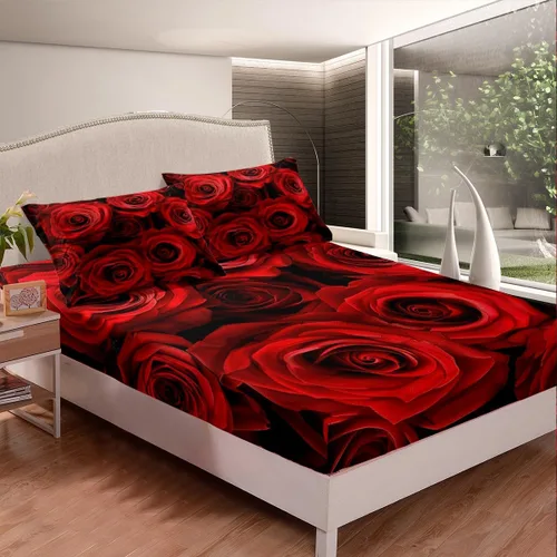 Miniatura 3 de Juego de sábanas de rosas rojas, tamaño individual, juego de sábanas florales de color rojo degradado y negro para niñas, mujeres, niños