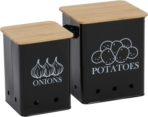 Juego de 2 latas de almacenamiento de verduras de cocina, cebolla y papas con tapa de madera y agujeros de aireación, organizador de contenedor de