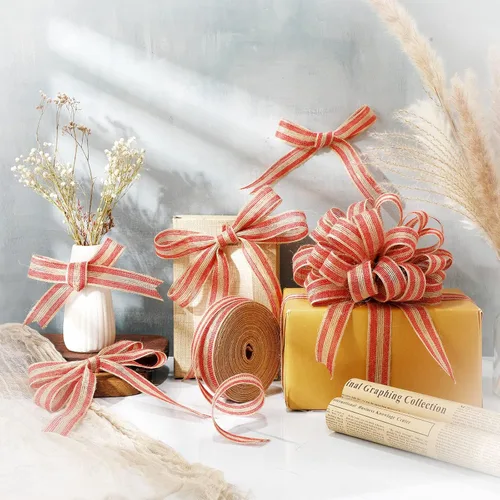 Miniatura 4 de Rtteri Rollo de cinta de arpillera de Navidad de 98.4 pies, saco de arpillera roja, cuerda de lino a rayas naturales para manualidades, corona