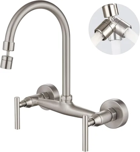 Airuida Grifo de fregadero de cocina de montaje en pared, grifos de cocina de 8 pulgadas, asas dobles centrales de 360 grados, boquilla giratoria de