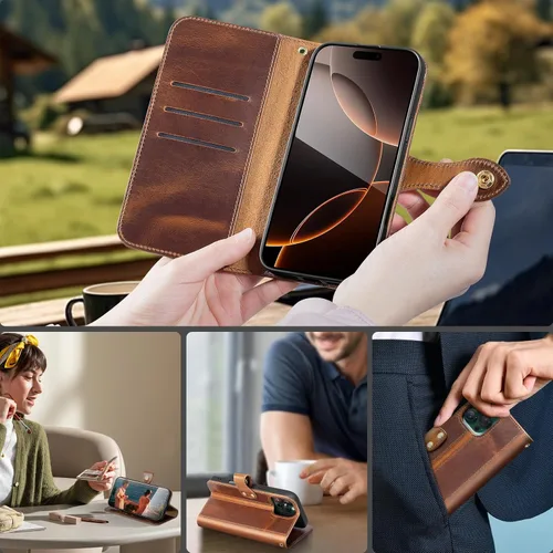 Miniatura 8 de Funda de cuero compatible con iPhone 16 Pro Wallet de 6.3 pulgadas, protección completa de piel auténtica a prueba de golpes, funda abatible