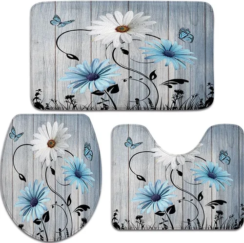 Miniatura 17 de Alfombra de baño rústica blanca floral, flores y mariposas en tabla de madera vieja, antideslizante, juego de alfombras de baño vintage