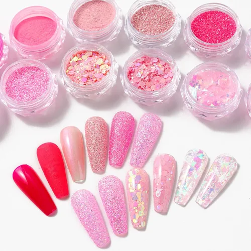 Miniatura 3 de Juego de polvos de purpurina rosa para arte de uñas, 12 frascos holográficos de lentejuelas para el día de San Valentín con cepillo, capa
