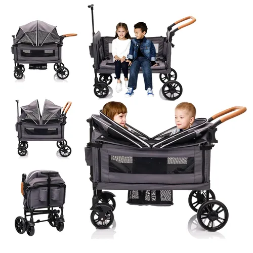 Cochecito de lujo para 2 niños y carga - Ligero plegable de viaje todo terreno doble vagón para recién nacidos y niños pequeños con arnés de 5 Gris