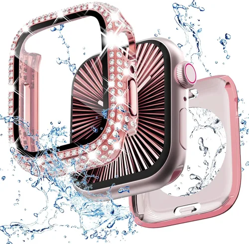 Miniatura 15 de Funda delantera y trasera, 2 en 1, brillante, impermeable, 360°, de policarbonato y protector de pantalla de vidrio para iWatch 8 y 7 de 41 mm, Negro